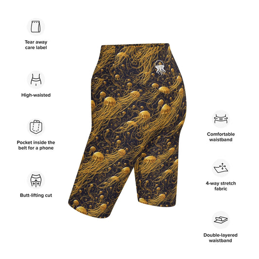 Biker Shorts - Black and Gold Jellyfishes - by Jelly Kvlt