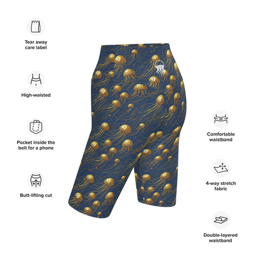Biker Shorts - Blue and Gold Jellyfishes - by Jelly Kvlt