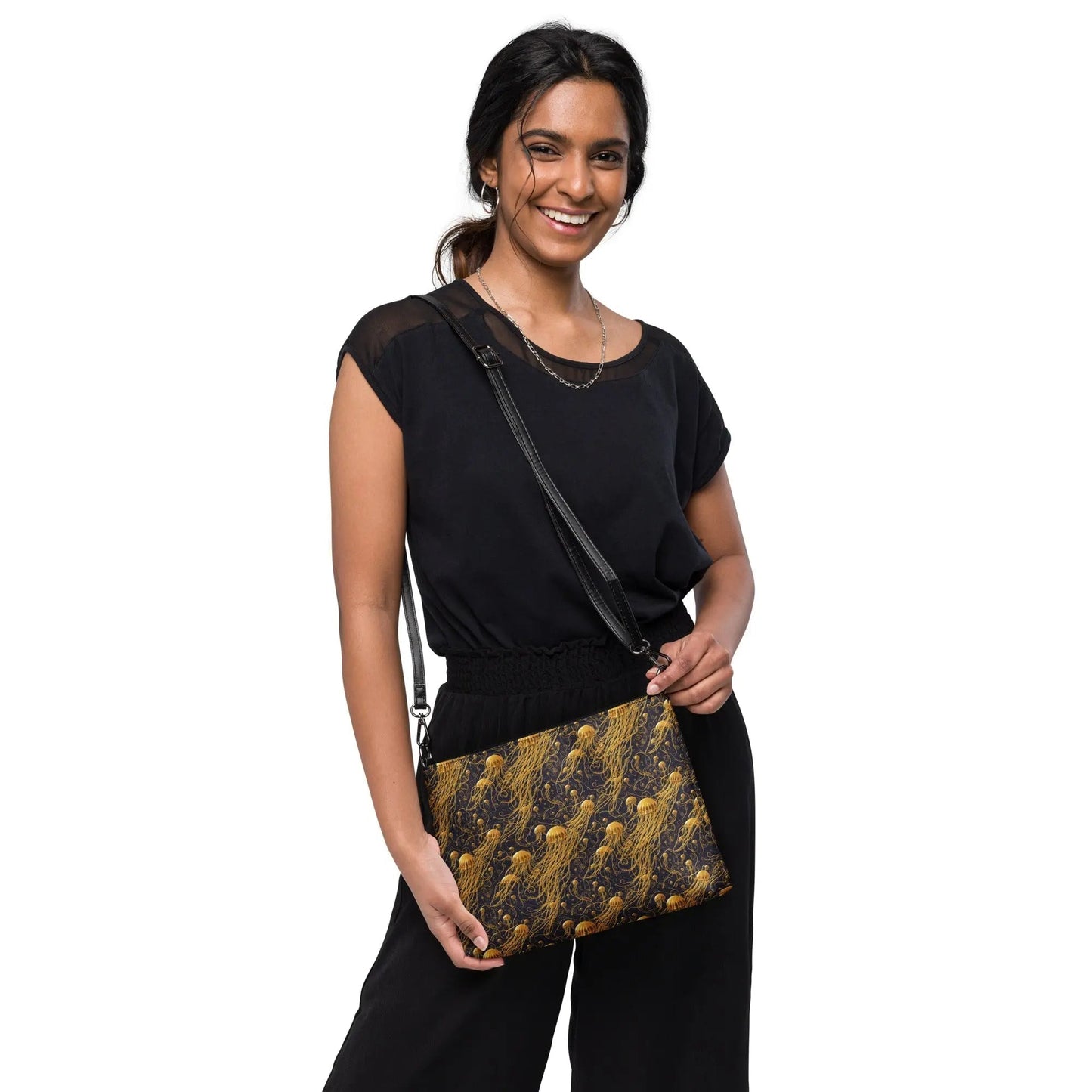 Versatile Crossbody Bag Black and Gold Jellyfishes | sustainable by Jelly Kvlt
