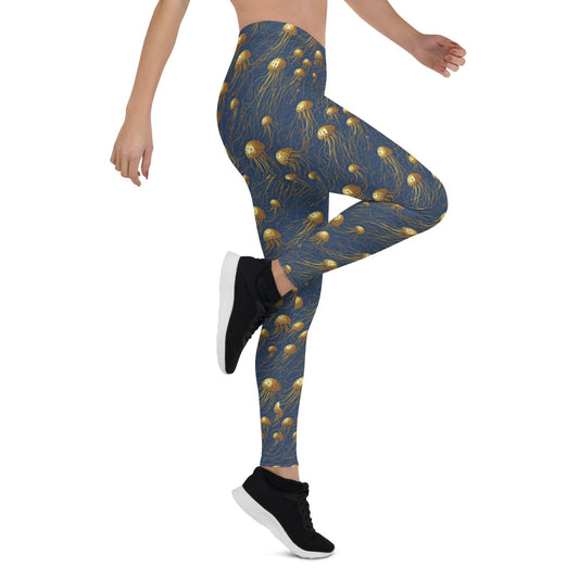 Women's Mid-Rise Leggings - Blue and Gold Jellyfishes - by Jelly Kvlt