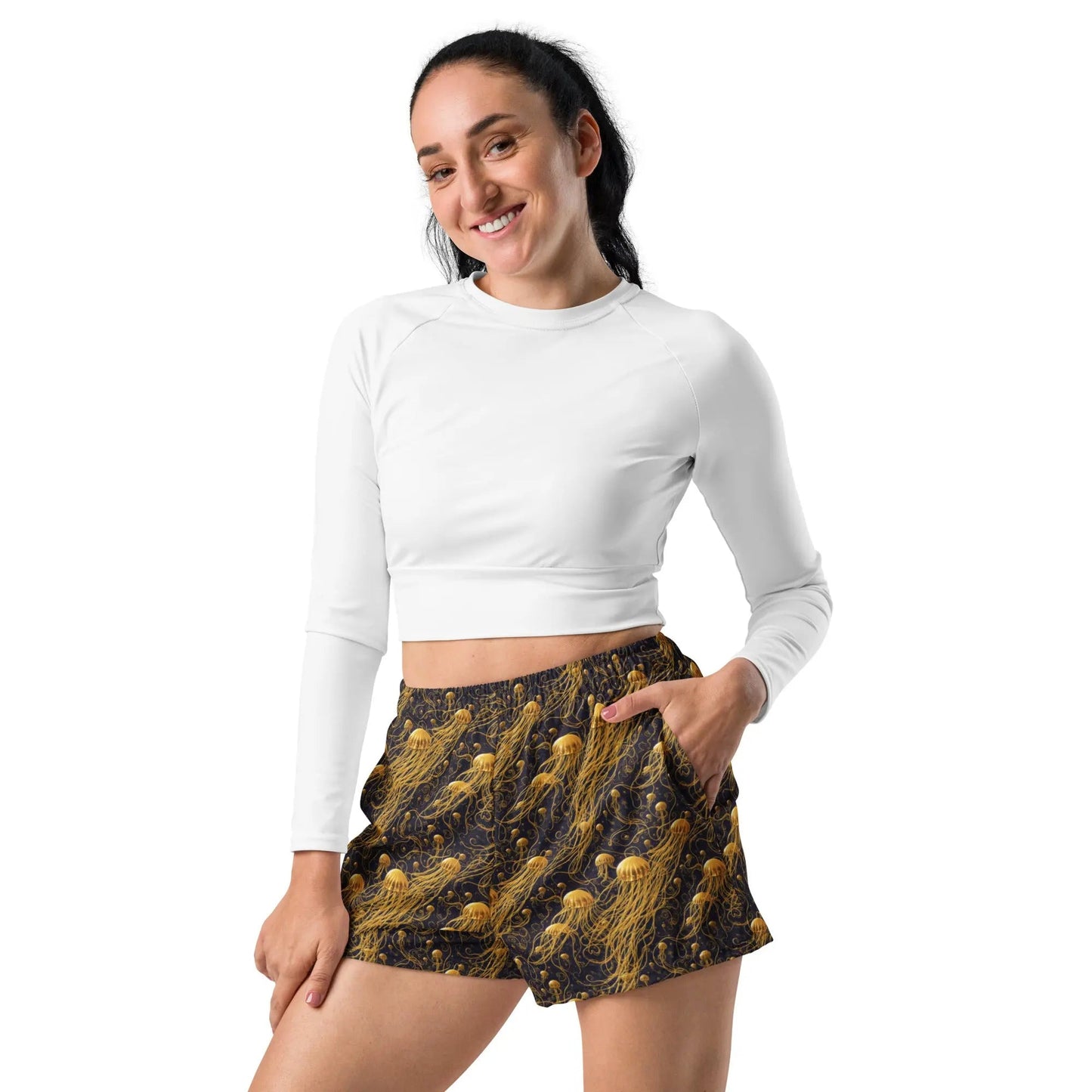 Unisex Athletic Shorts - Black and Gold Jellyfishes - by Jelly Kvlt