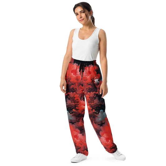 Unisex Wide-leg Joggers - Ethereal Crimson Flow - Dark - by Jelly Kvlt