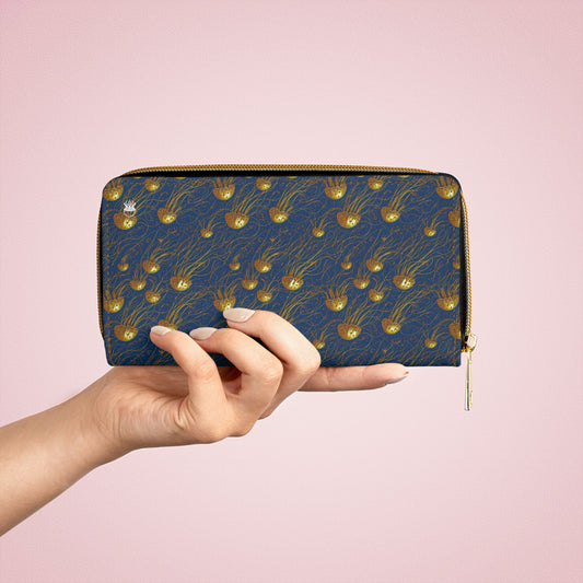 Zipper Wallet - Blue and Gold Jellyfishes - by Jelly Kvlt