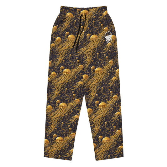 Unisex Wide-leg Joggers - Black and Gold Jellyfishes - by Jelly Kvlt