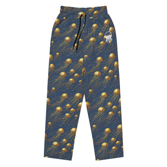 Unisex Wide-leg Joggers - Blue and Gold Jellyfishes - by Jelly Kvlt