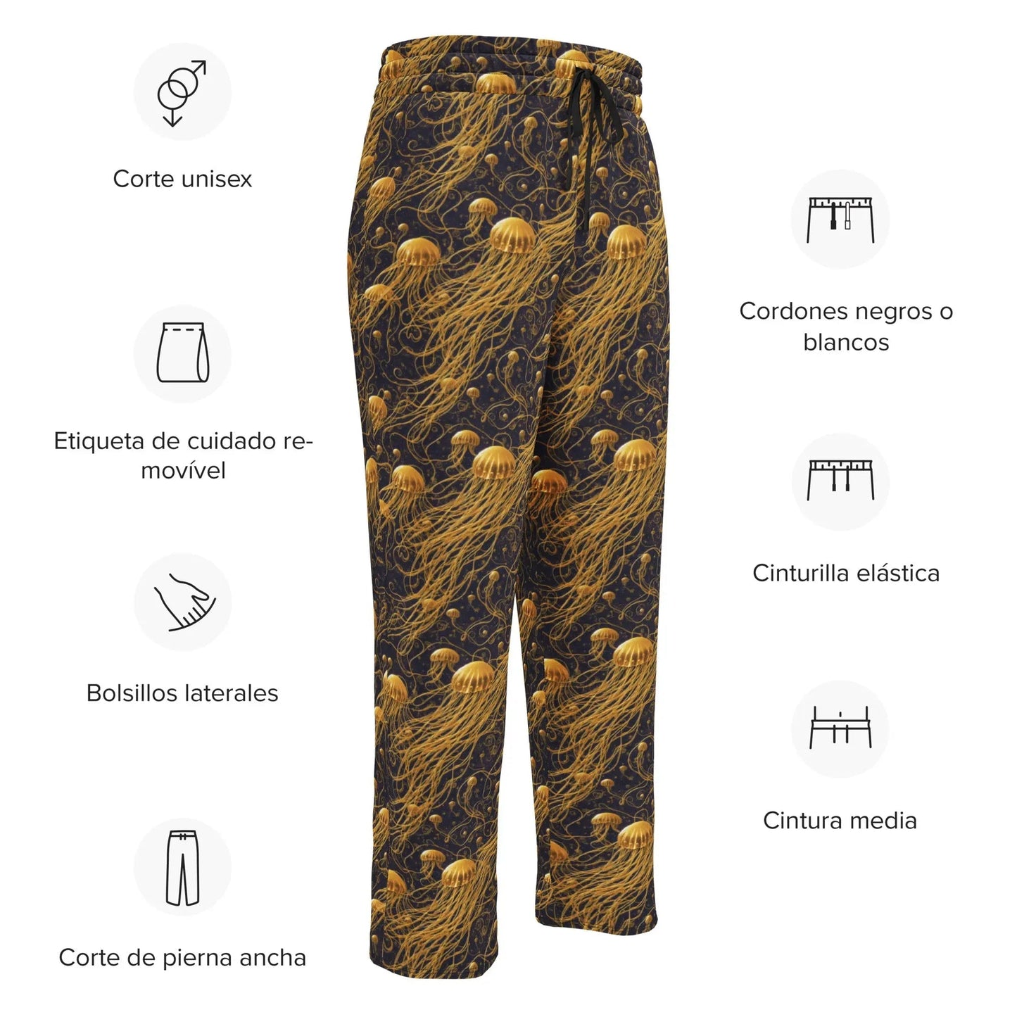 Unisex Wide-leg Joggers - Black and Gold Jellyfishes - by Jelly Kvlt