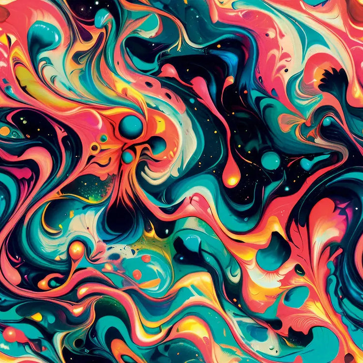 Celestial Splash abstract cosmic print with swirling coral pink, turquoise, gold and cream shapes on a deep midnight background with tiny stars.