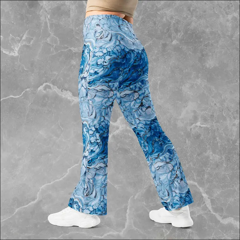Blue marble high-waisted flare leggings, rear view