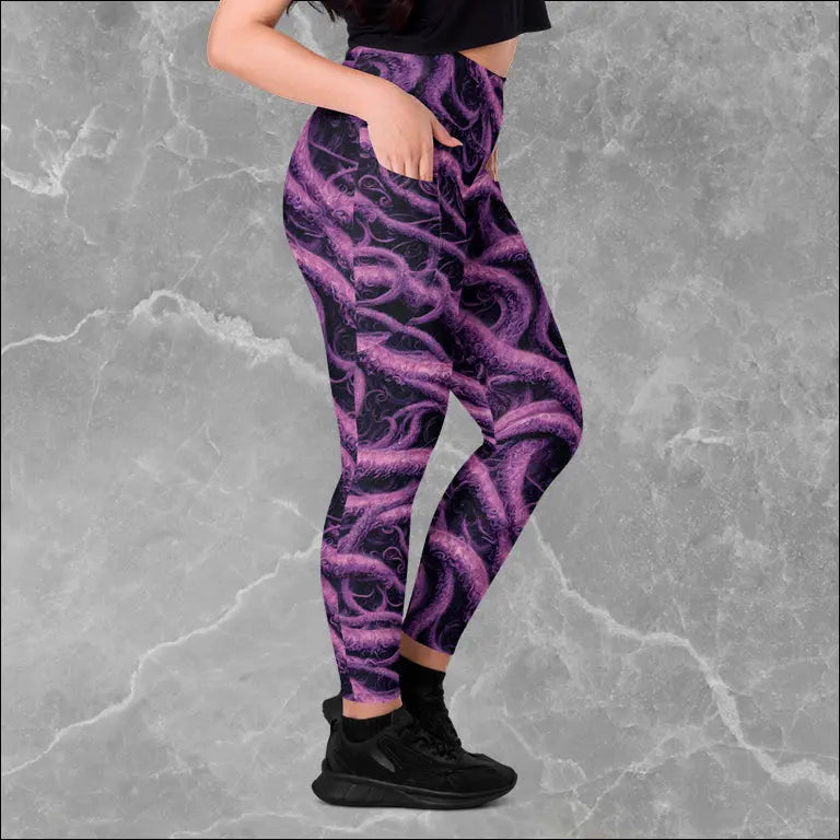 Blue marble high-waisted leggings with side pockets, rear view
