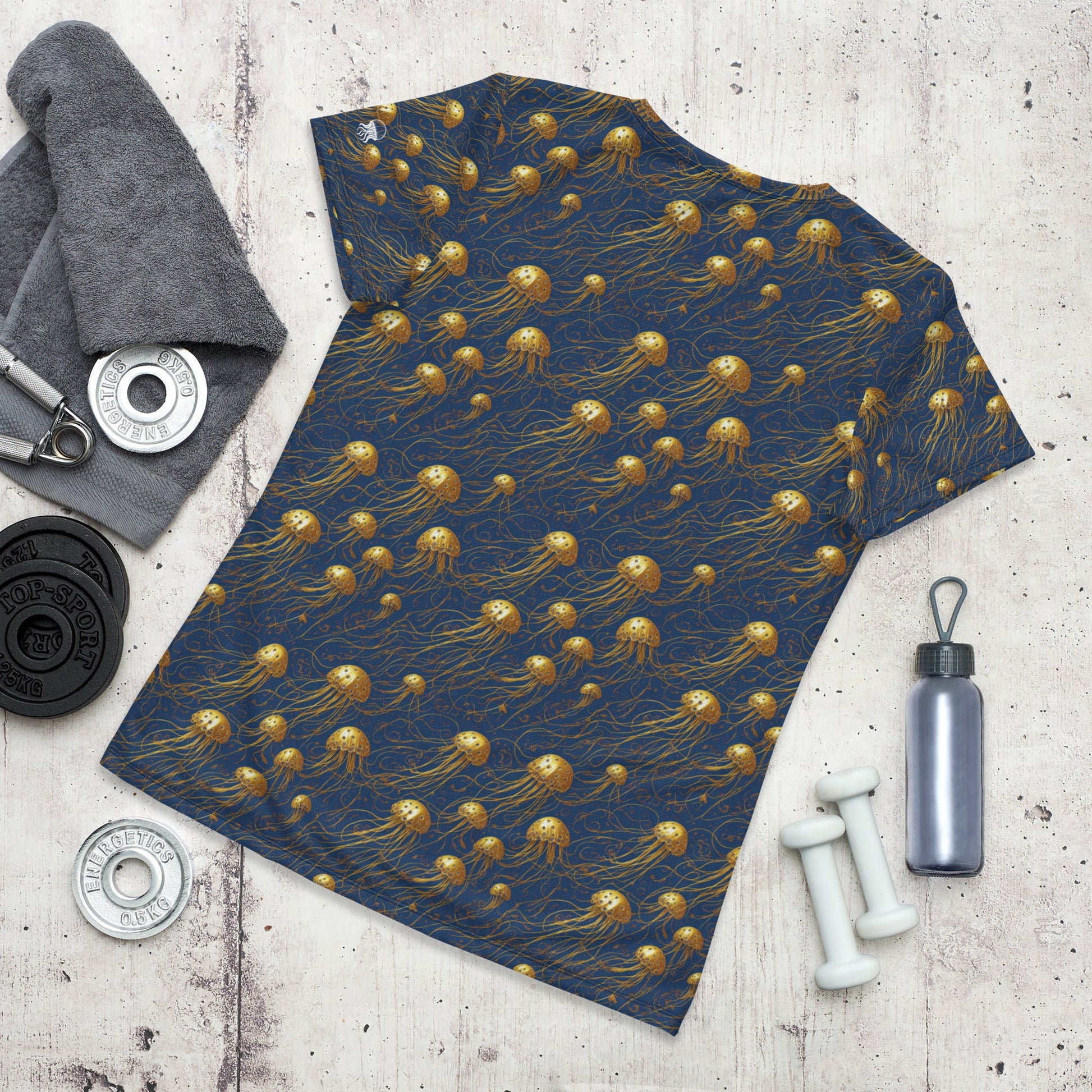 Athletic T-shirt - Blue and Gold Jellyfishes - by Jelly Kvlt