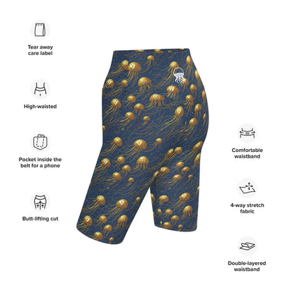 Biker Shorts - Blue and Gold Jellyfishes - by Jelly Kvlt