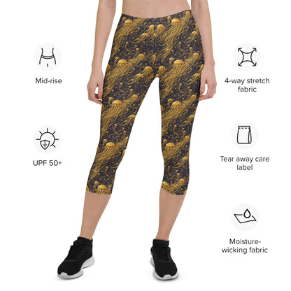 Capri Leggings - Black and Gold Jellyfishes - by Jelly Kvlt