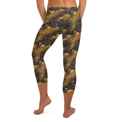 Capri Leggings - Black and Gold Jellyfishes - by Jelly Kvlt