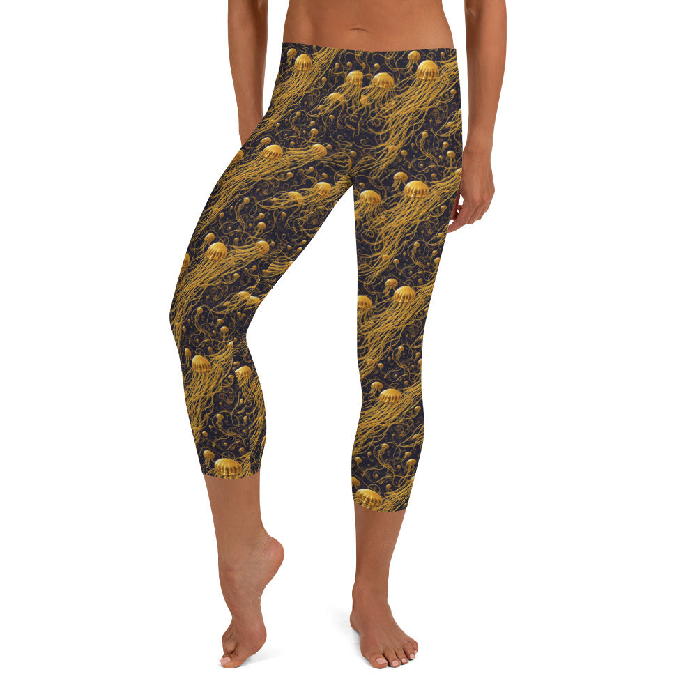 Capri Leggings - Black and Gold Jellyfishes - by Jelly Kvlt