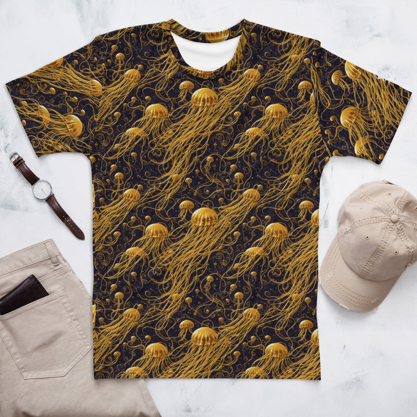 Men's Crewneck T-shirt - Black and Gold Jellyfishes - by Jelly Kvlt