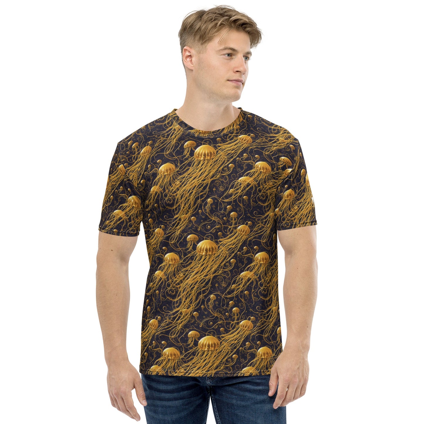 Men's Crewneck T-shirt - Black and Gold Jellyfishes - by Jelly Kvlt