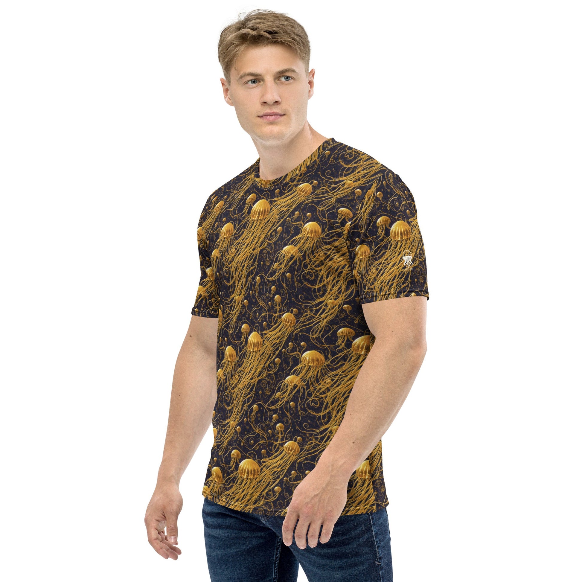 Men's Crewneck T-shirt - Black and Gold Jellyfishes - by Jelly Kvlt