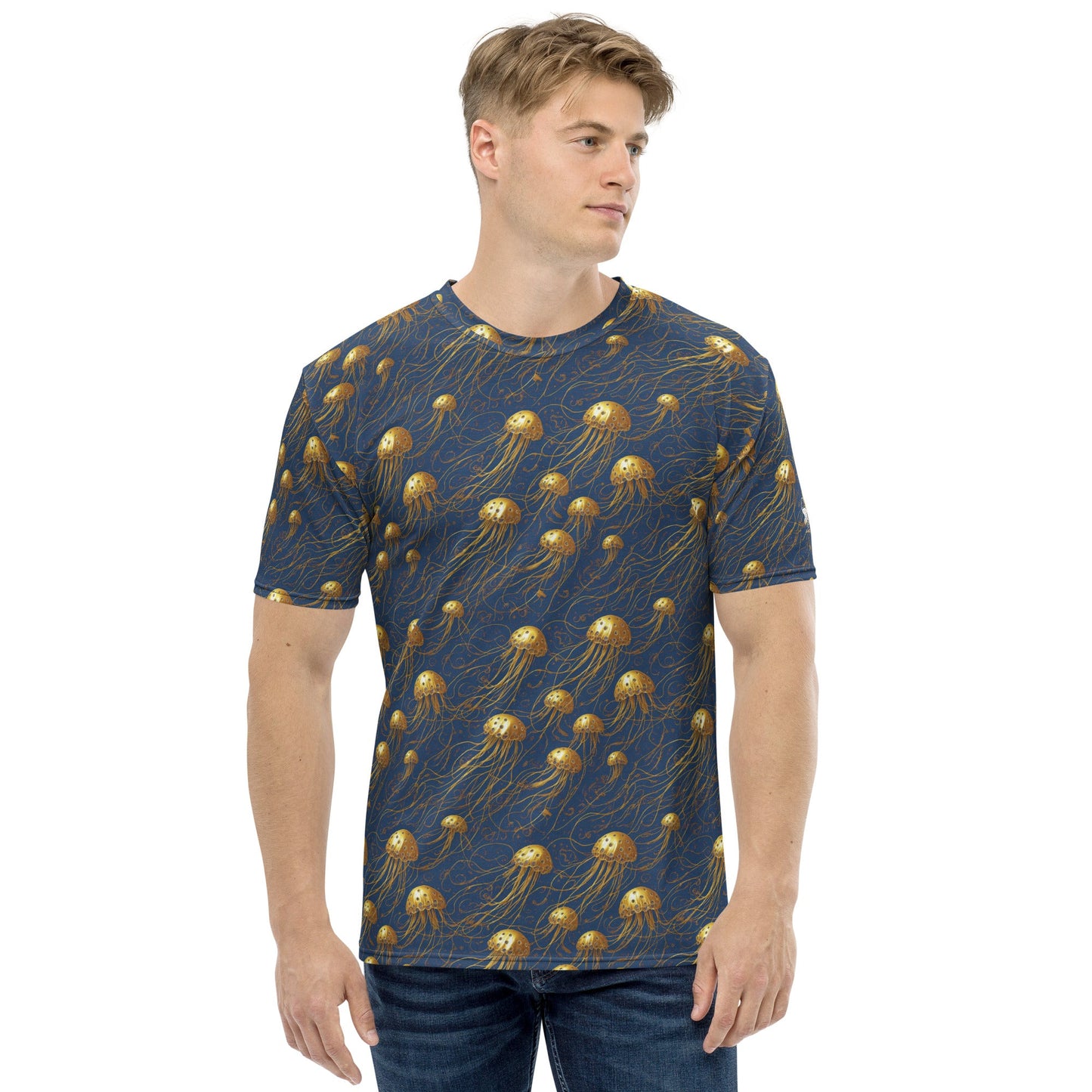 Men's Crewneck T-shirt - Blue and Gold Jellyfishes - by Jelly Kvlt