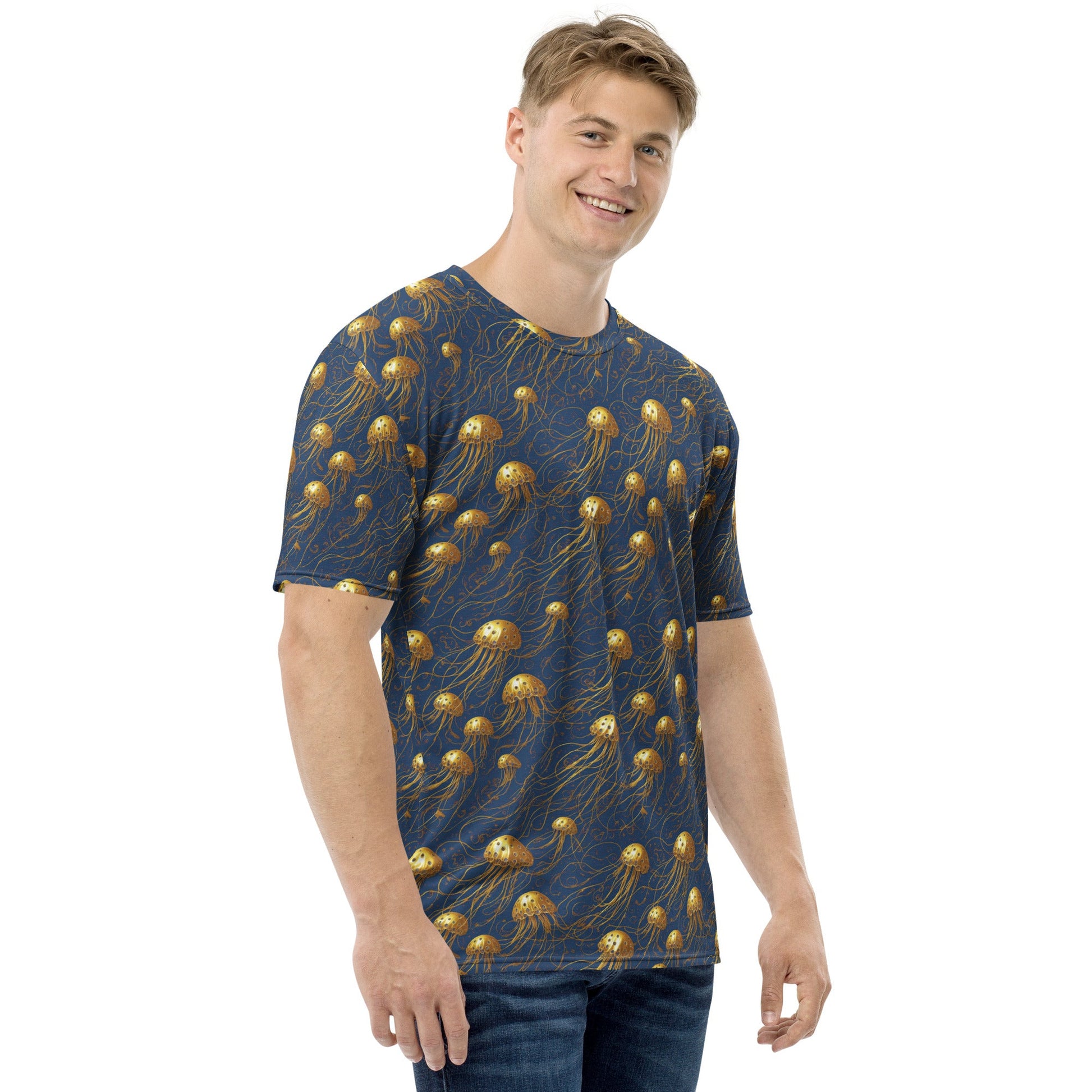 Men's Crewneck T-shirt - Blue and Gold Jellyfishes - by Jelly Kvlt