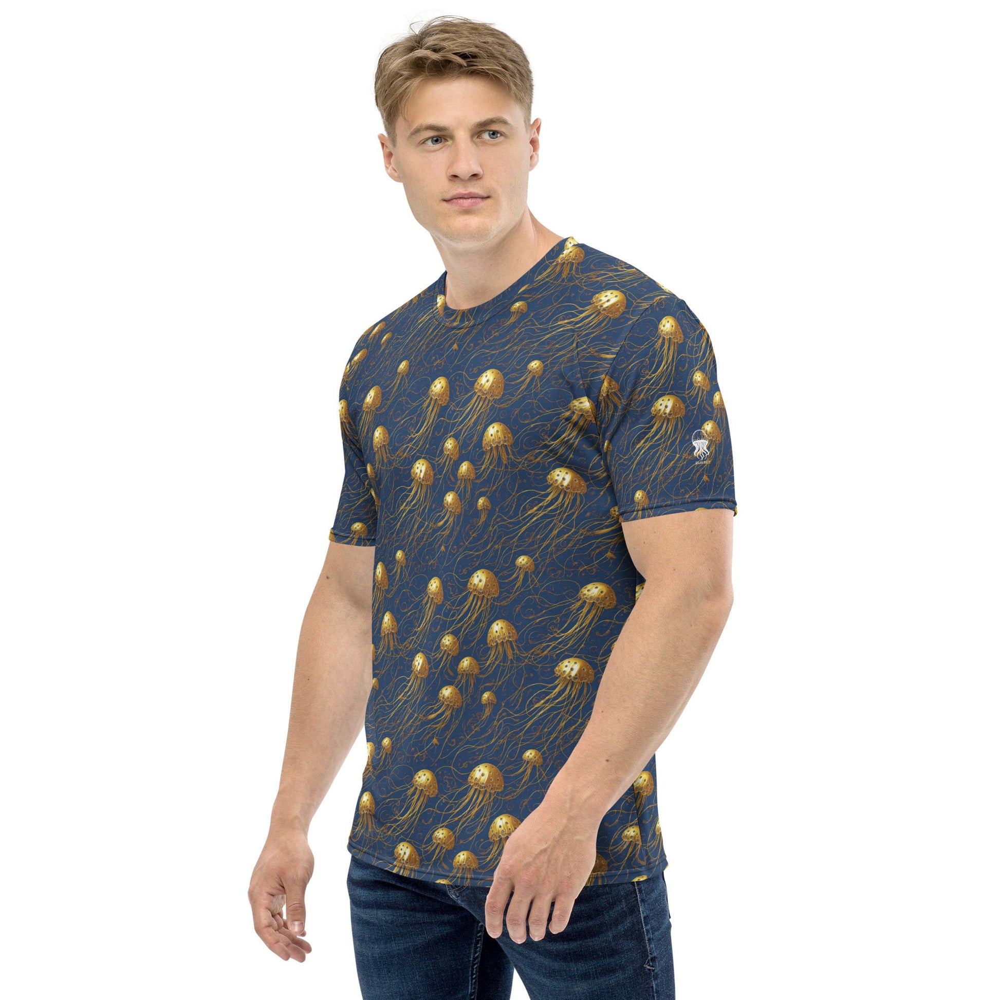 Men's Crewneck T-shirt - Blue and Gold Jellyfishes - by Jelly Kvlt