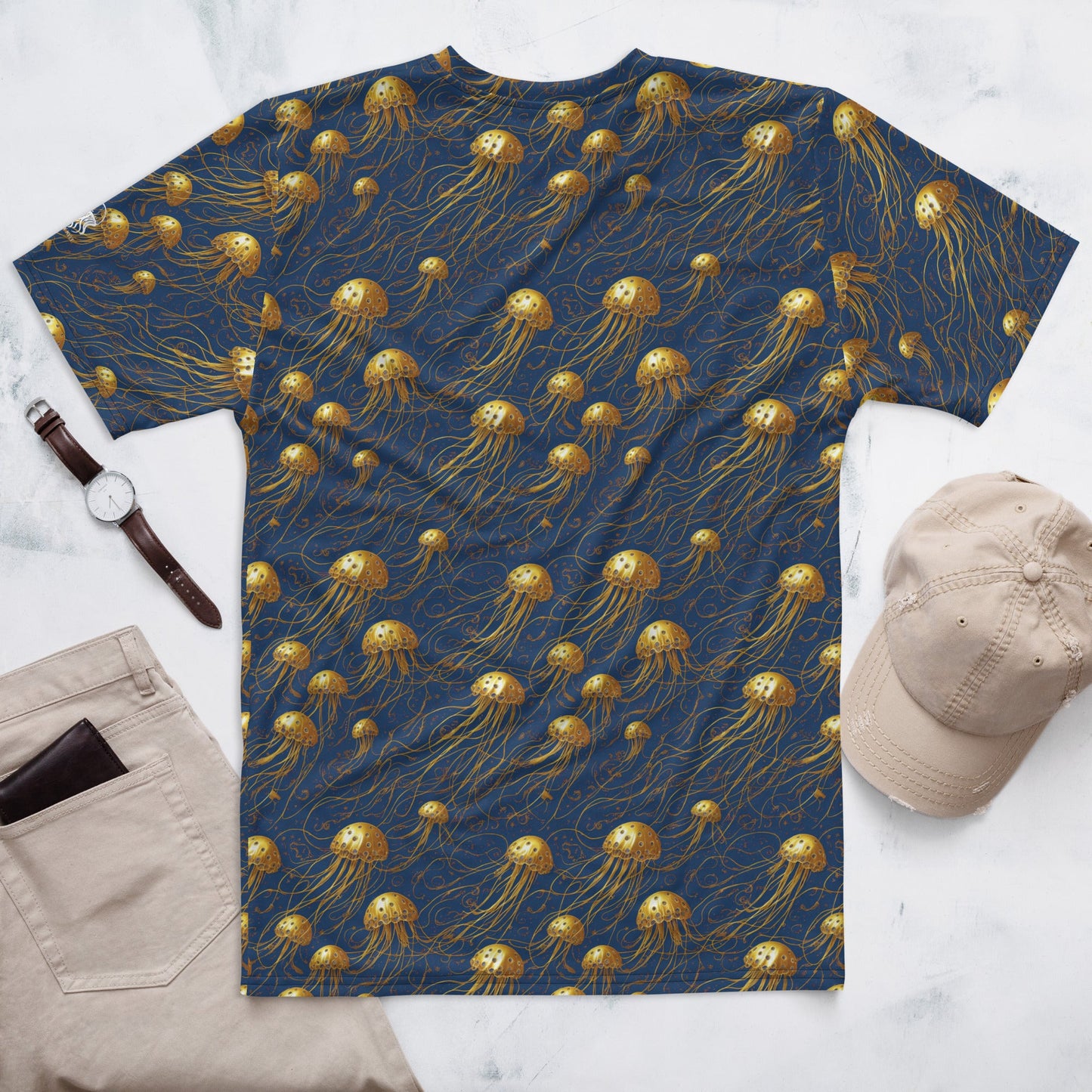 Men's Crewneck T-shirt - Blue and Gold Jellyfishes - by Jelly Kvlt