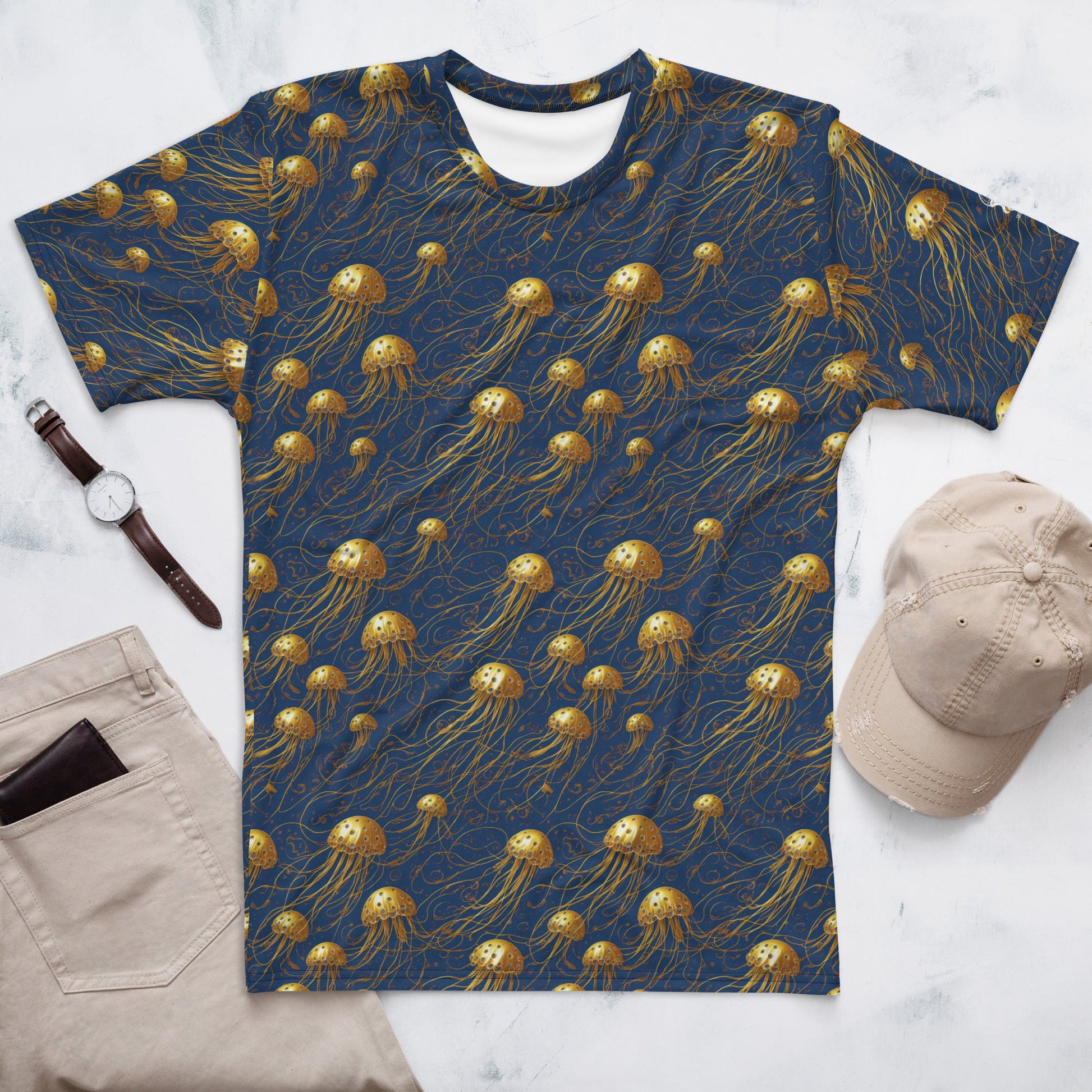 Men's Crewneck T-shirt - Blue and Gold Jellyfishes - by Jelly Kvlt