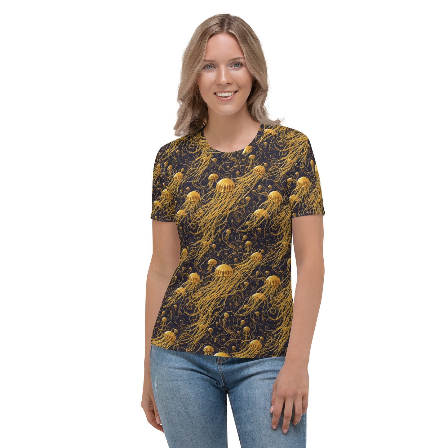 Women's Crewneck T-Shirt - Black and Gold Jellyfishes | Jelly Kvlt