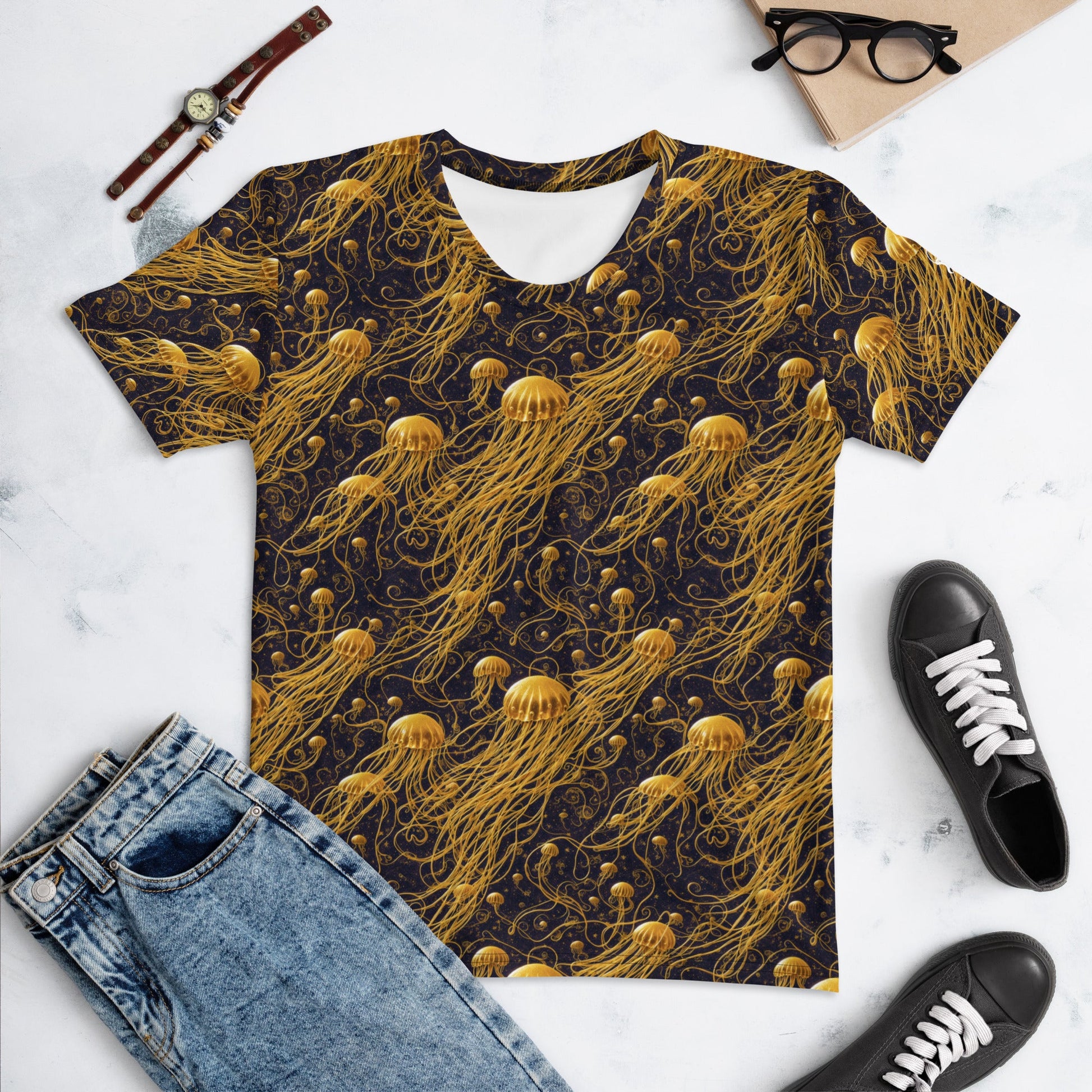 Women's Crewneck T-Shirt - Black and Gold Jellyfishes | Jelly Kvlt