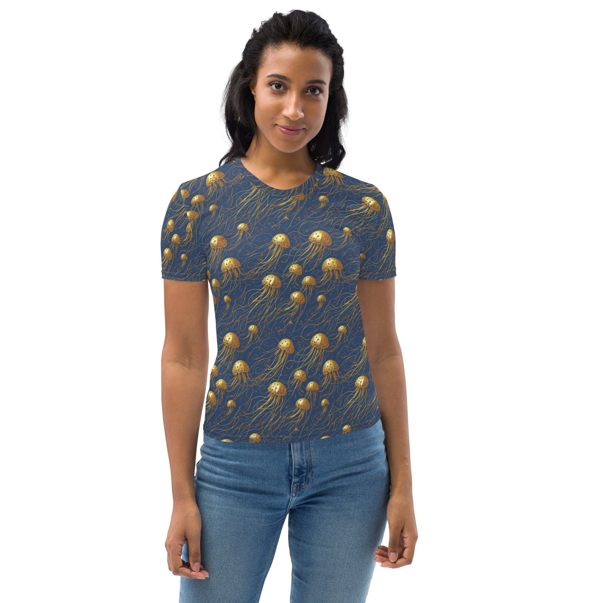 Women's Crewneck T-Shirt - Blue and Gold Jellyfishes | Jelly Kvlt