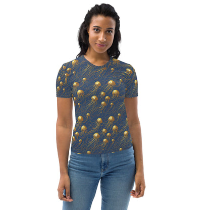 Women's Crewneck T-Shirt - Blue and Gold Jellyfishes | Jelly Kvlt