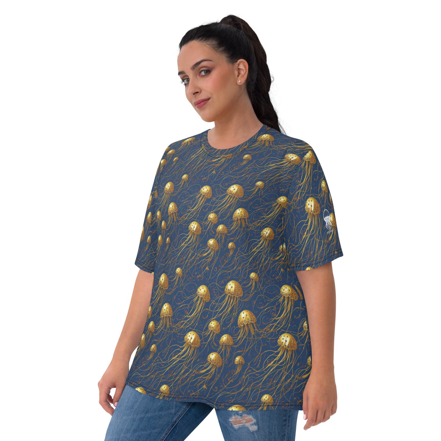 Women's Crewneck T-Shirt - Blue and Gold Jellyfishes | Jelly Kvlt