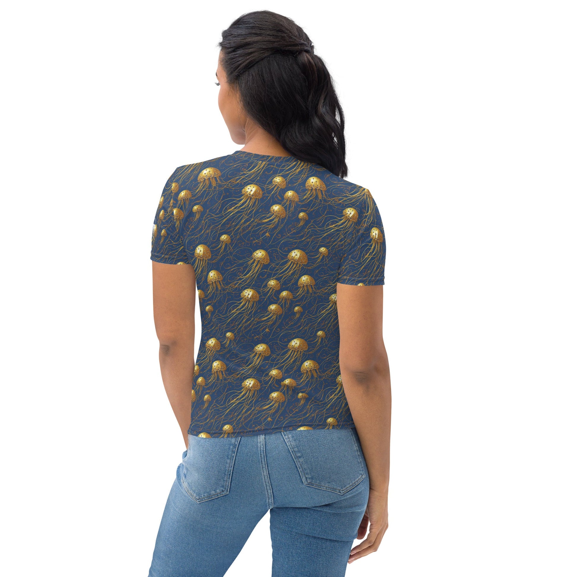 Women's Crewneck T-Shirt - Blue and Gold Jellyfishes | Jelly Kvlt