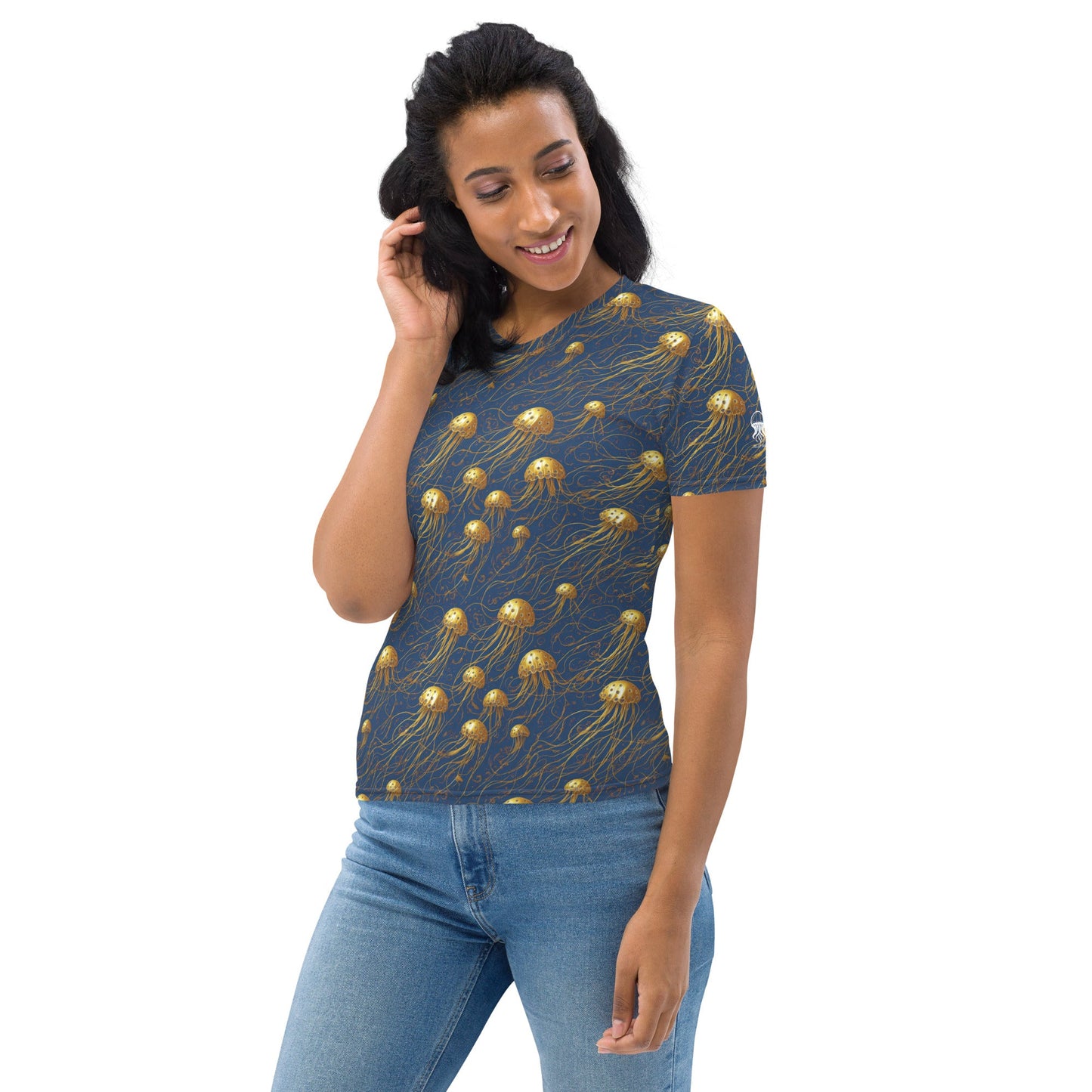 Women's Crewneck T-Shirt - Blue and Gold Jellyfishes | Jelly Kvlt