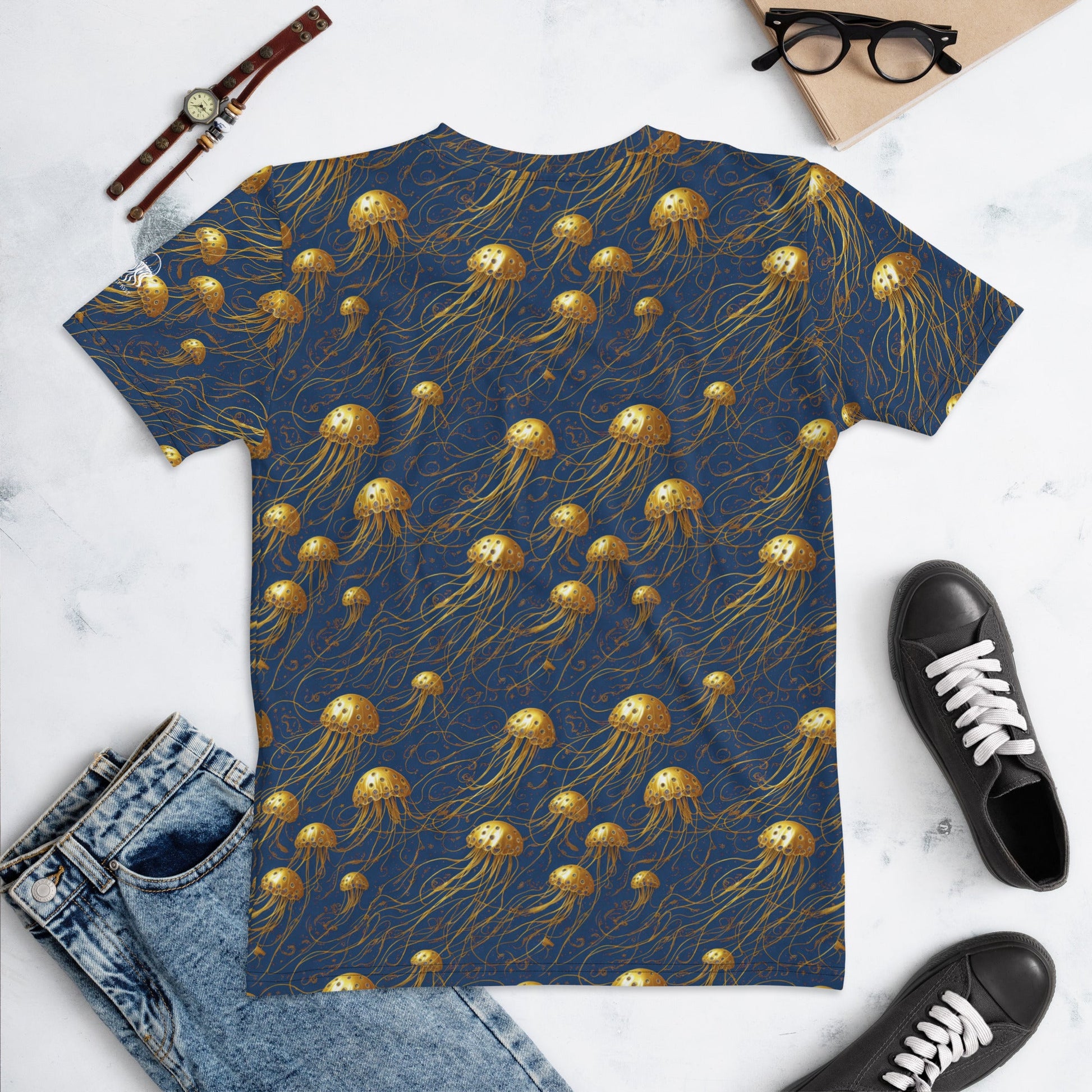 Women's Crewneck T-Shirt - Blue and Gold Jellyfishes | Jelly Kvlt