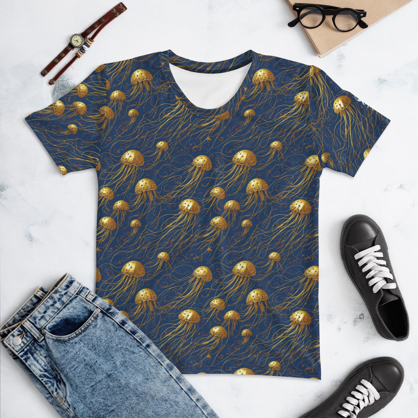 Women's Crewneck T-Shirt - Blue and Gold Jellyfishes | Jelly Kvlt