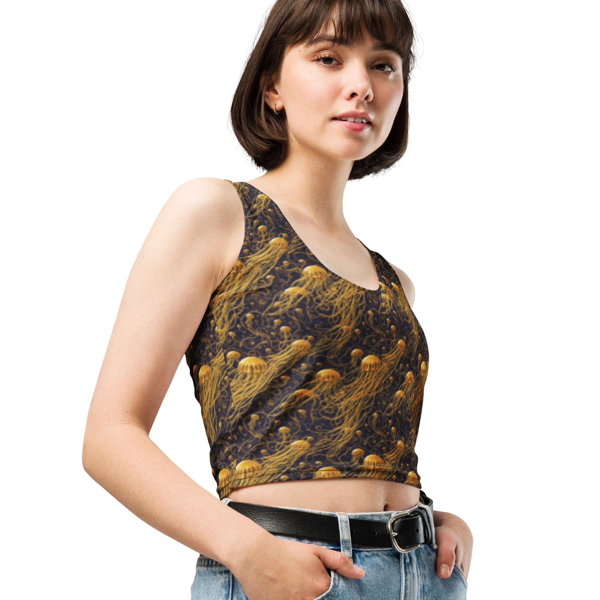 Crop Top - Black And Gold Jellyfishes - by Jelly Kvlt