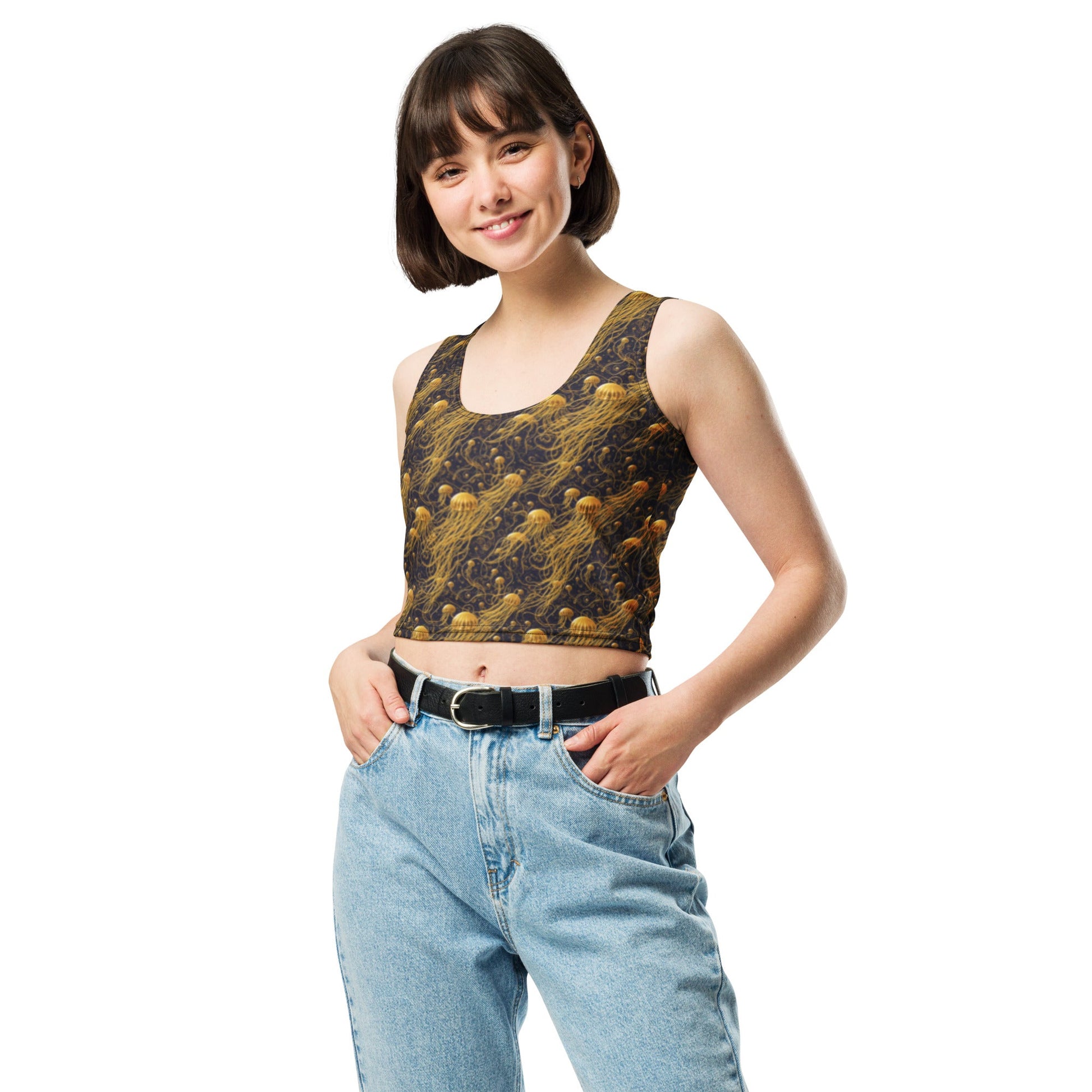 Crop Top - Black And Gold Jellyfishes - by Jelly Kvlt