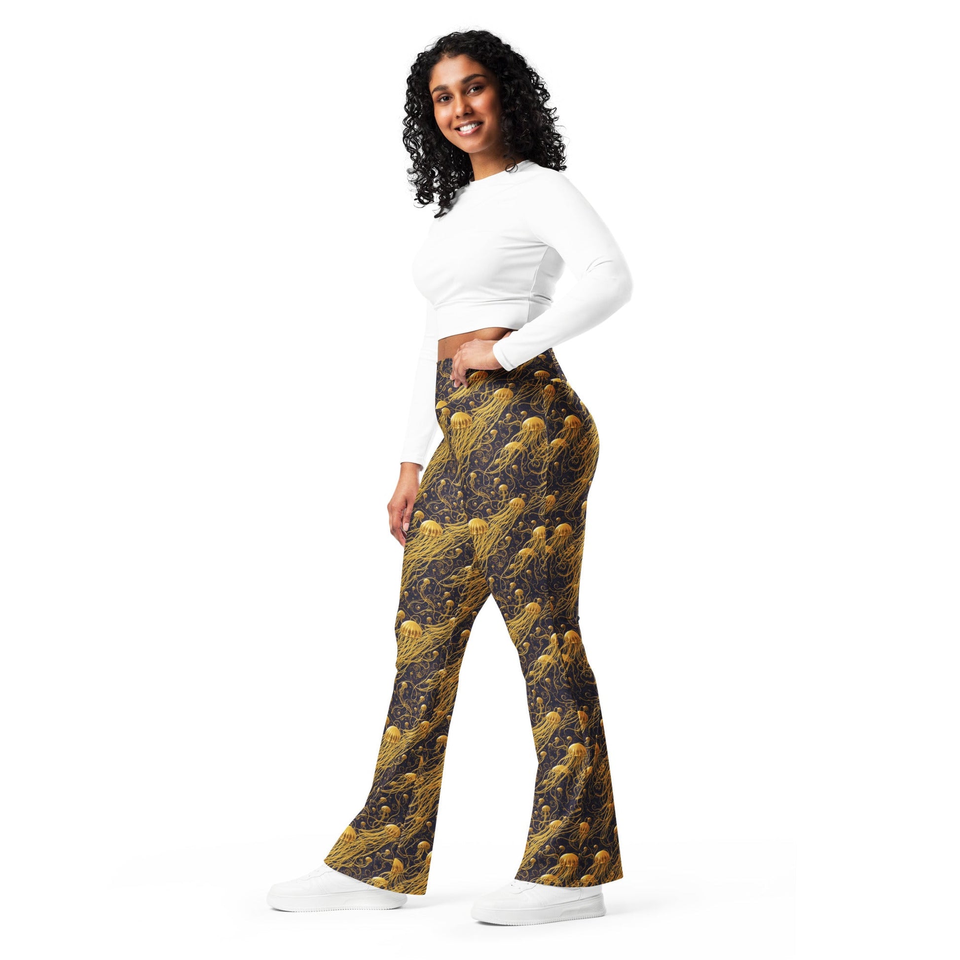 Flare leggings - Black and Gold Jellyfishes | Jelly Kvlt