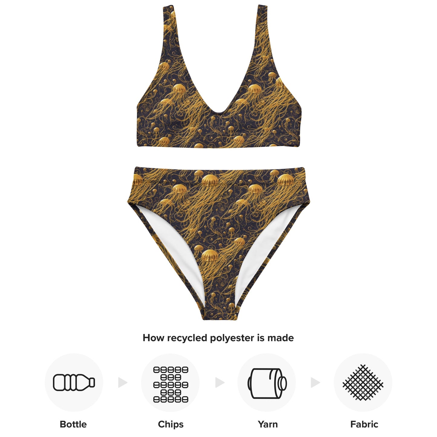 High-waisted bikini - Black and Gold Jellyfishes - by Jelly Kvlt