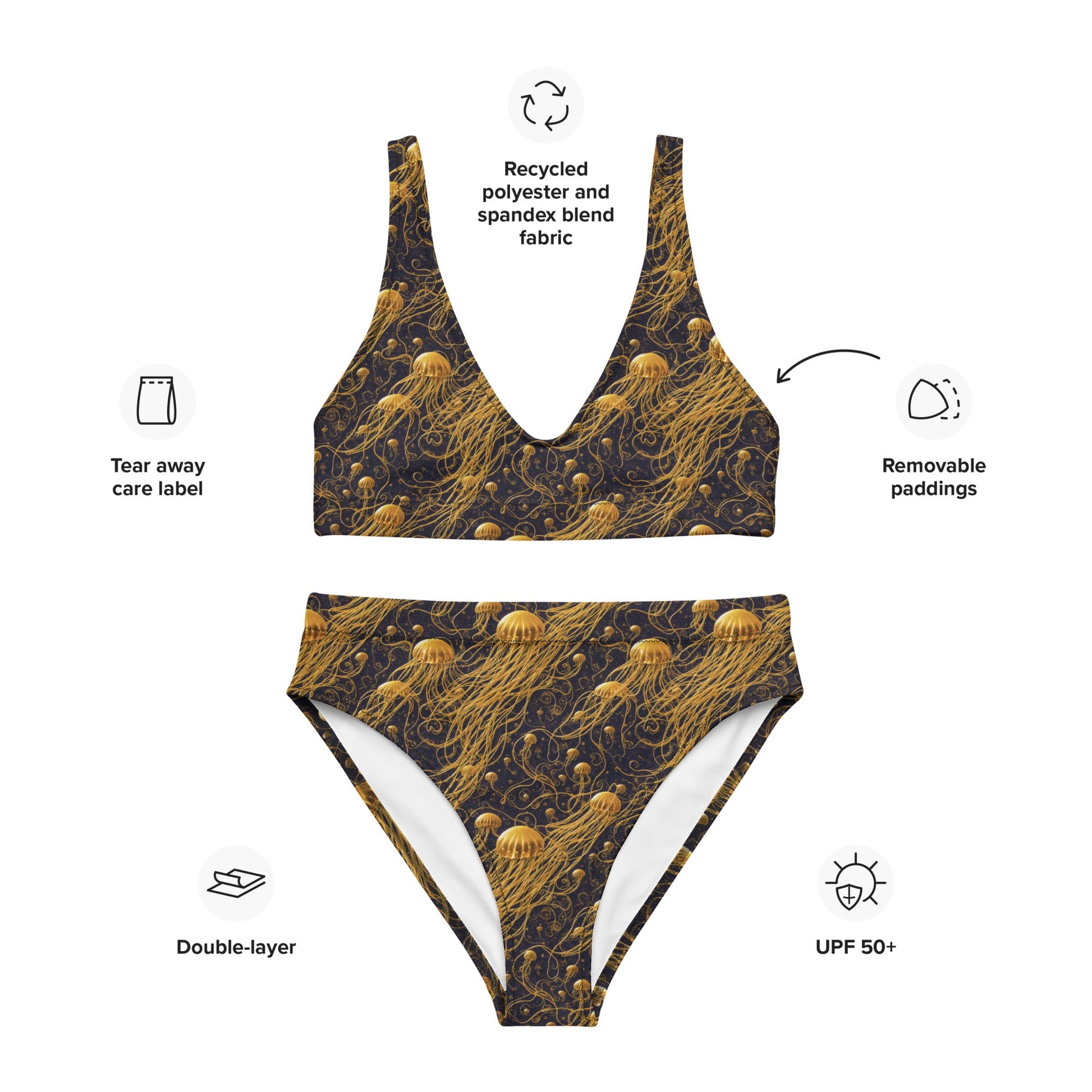 High-waisted bikini - Black and Gold Jellyfishes - by Jelly Kvlt