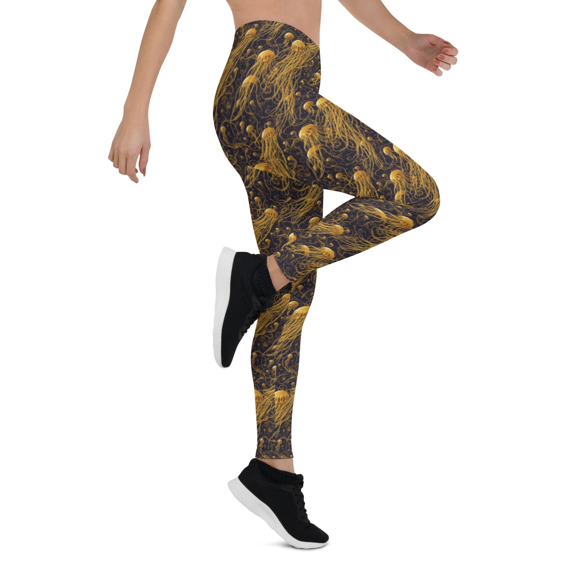 Women's Mid-Rise Leggings - Black and Gold Jellyfishes - by Jelly Kvlt