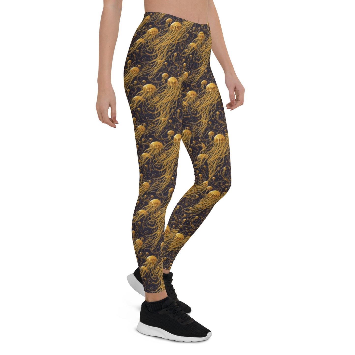 Women's Mid-Rise Leggings - Black and Gold Jellyfishes - by Jelly Kvlt