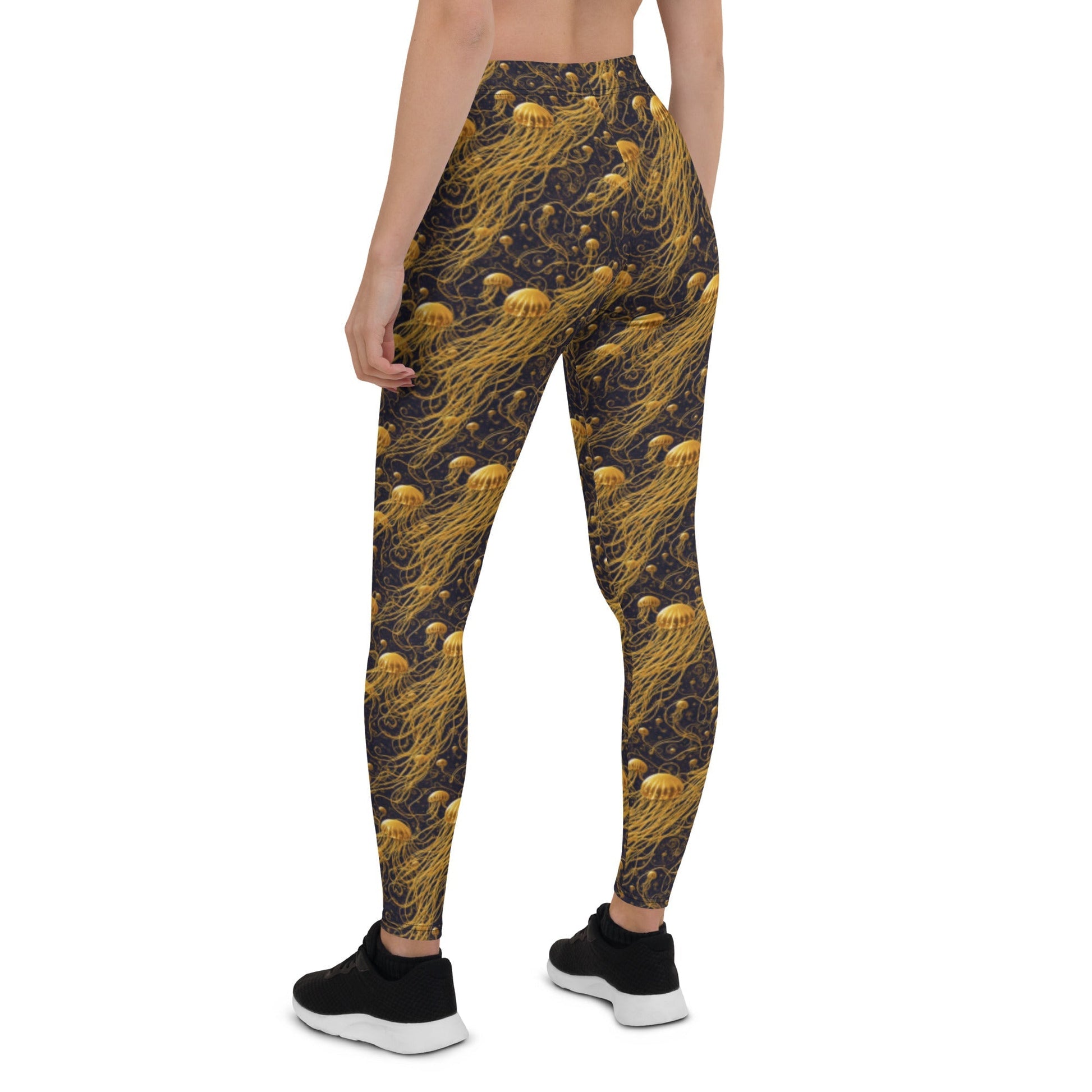 Women's Mid-Rise Leggings - Black and Gold Jellyfishes - by Jelly Kvlt