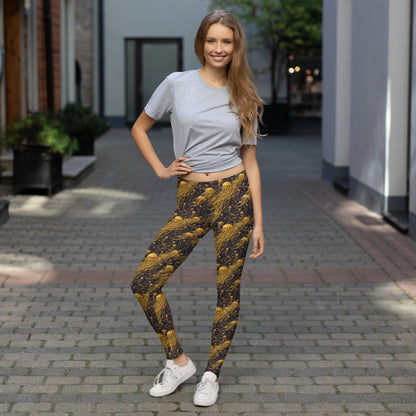 Women's Mid-Rise Leggings - Black and Gold Jellyfishes - by Jelly Kvlt