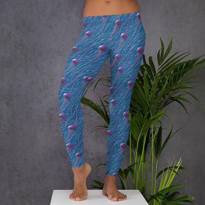 Women's Mid-Rise Leggings - Blue and Violet Jellyfishes - by Jelly Kvlt