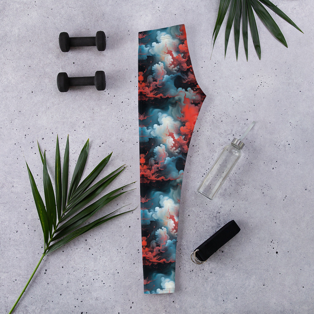 Women's Mid-Rise Leggings - Ethereal Crimson Flow - Light - by Jelly Kvlt