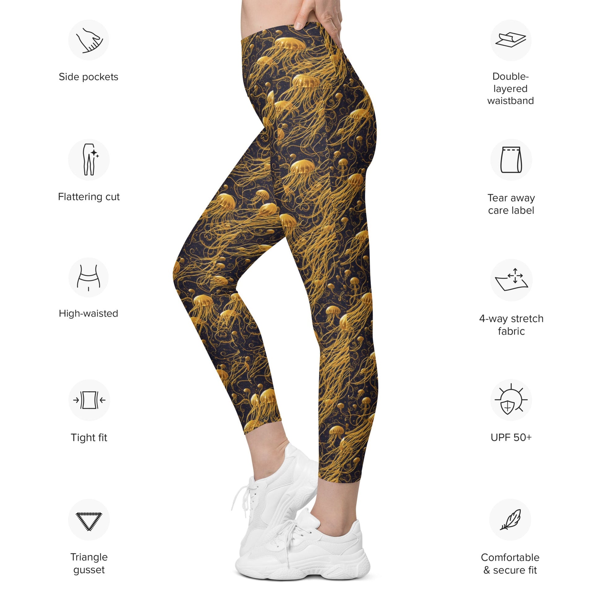 Leggings with pockets - Black And Gold Jellyfishes | Jelly Kvlt