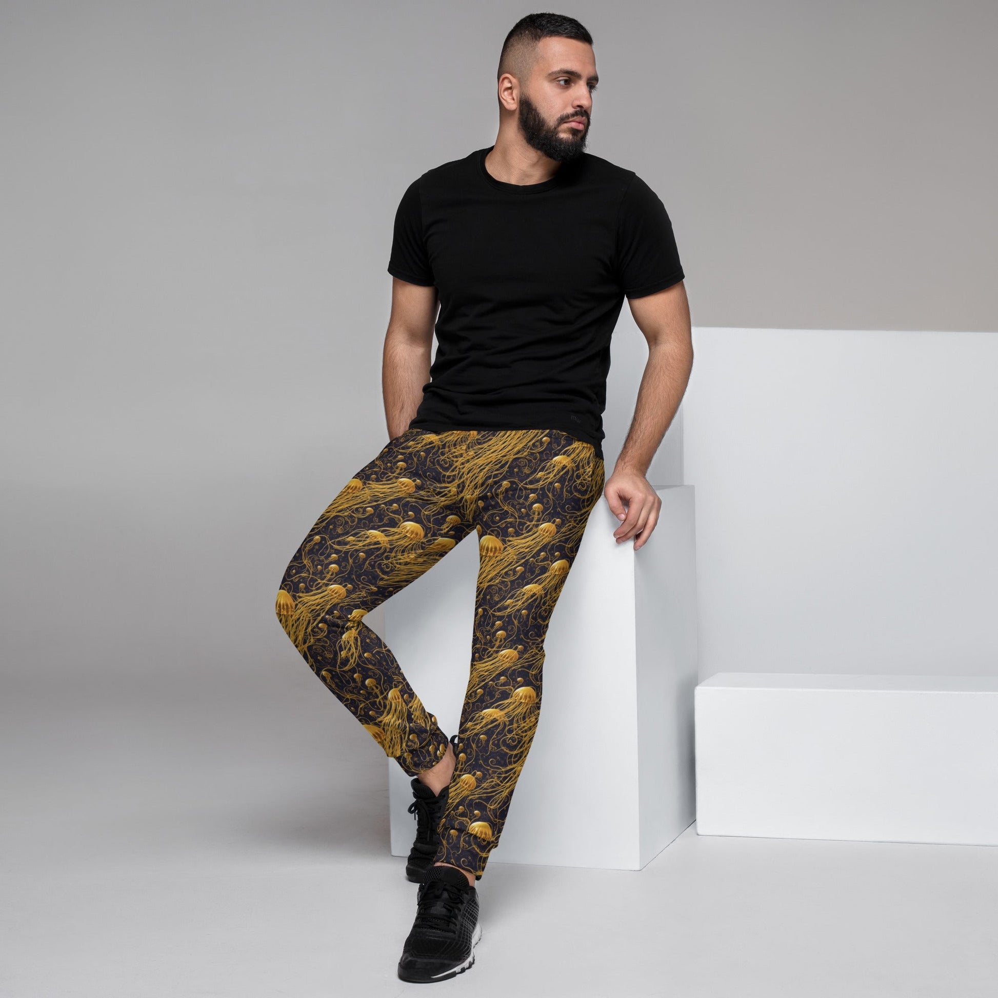 Men's Comfortable Joggers  - Black And Gold Jellyfishes - by Jelly Kvlt