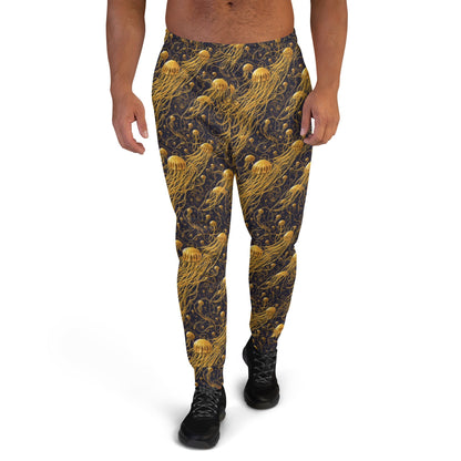 Men's Comfortable Joggers  - Black And Gold Jellyfishes - by Jelly Kvlt