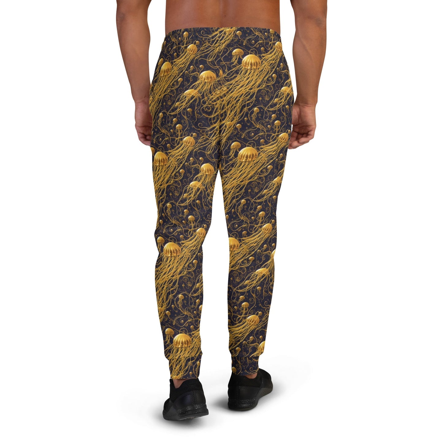 Men's Comfortable Joggers  - Black And Gold Jellyfishes - by Jelly Kvlt